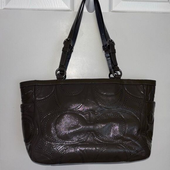 COACH F18326 Signature Gallery Stitch Patent C logo Leather Gray Tote Bag - Picture 6 of 14